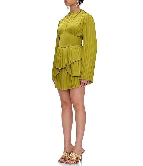 Andrea Iyamah Lenti Pleated Satin Round Neck Long Sleeve Corset Mini Dress Product Image
