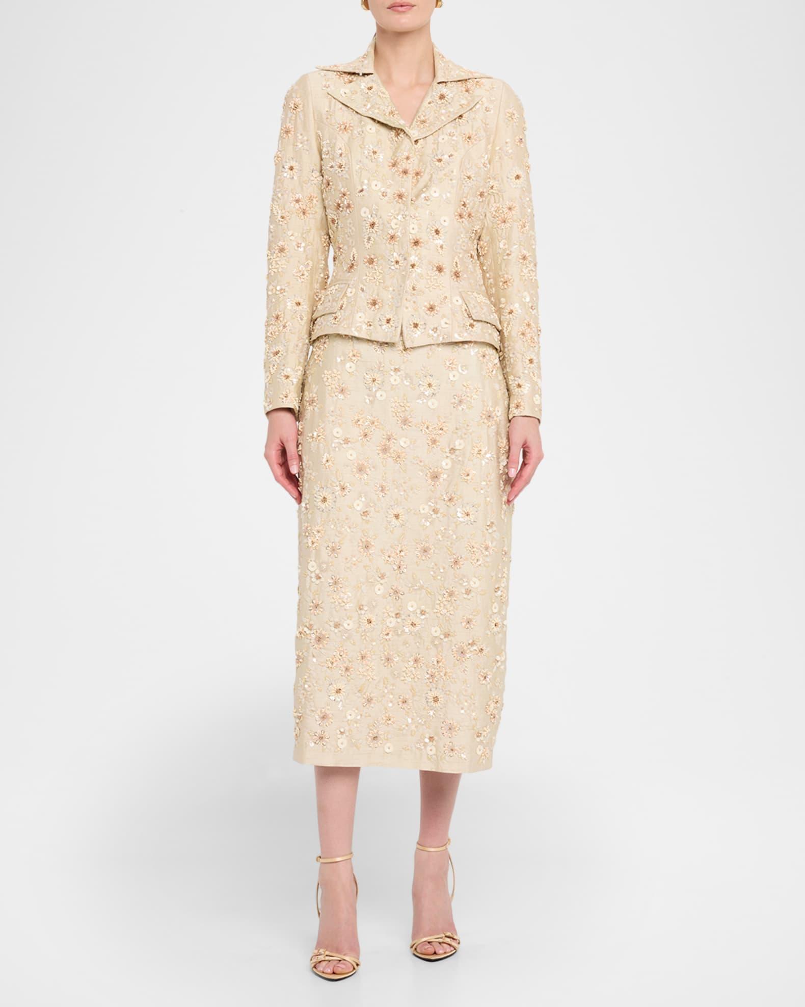 Floral Embroidered Silk Midi Skirt Product Image