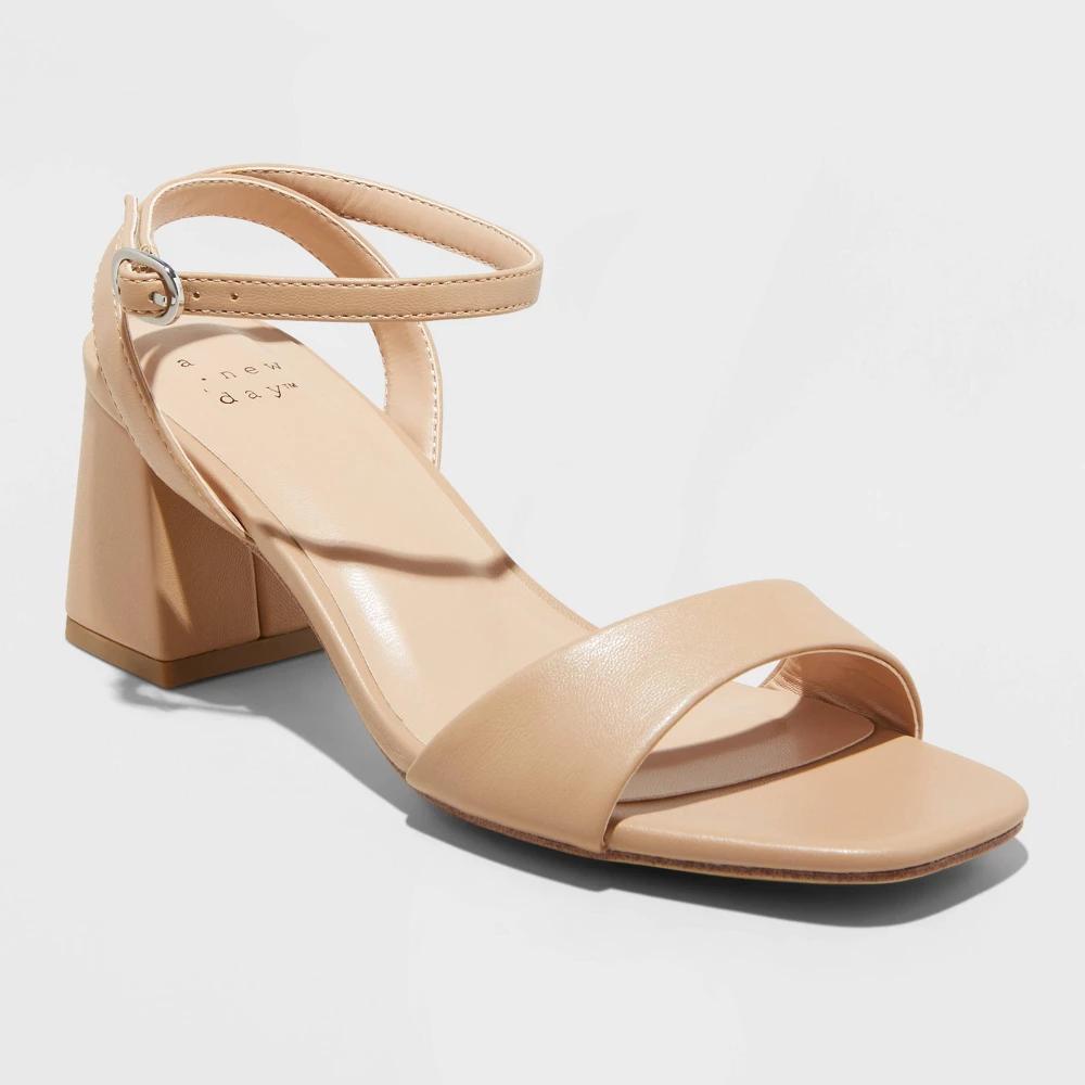 Womens Shannon Heels with Memory Foam Insole - A New Day Tan 6.5W: Block Heel, Adjustable Strap, Open Toe Product Image