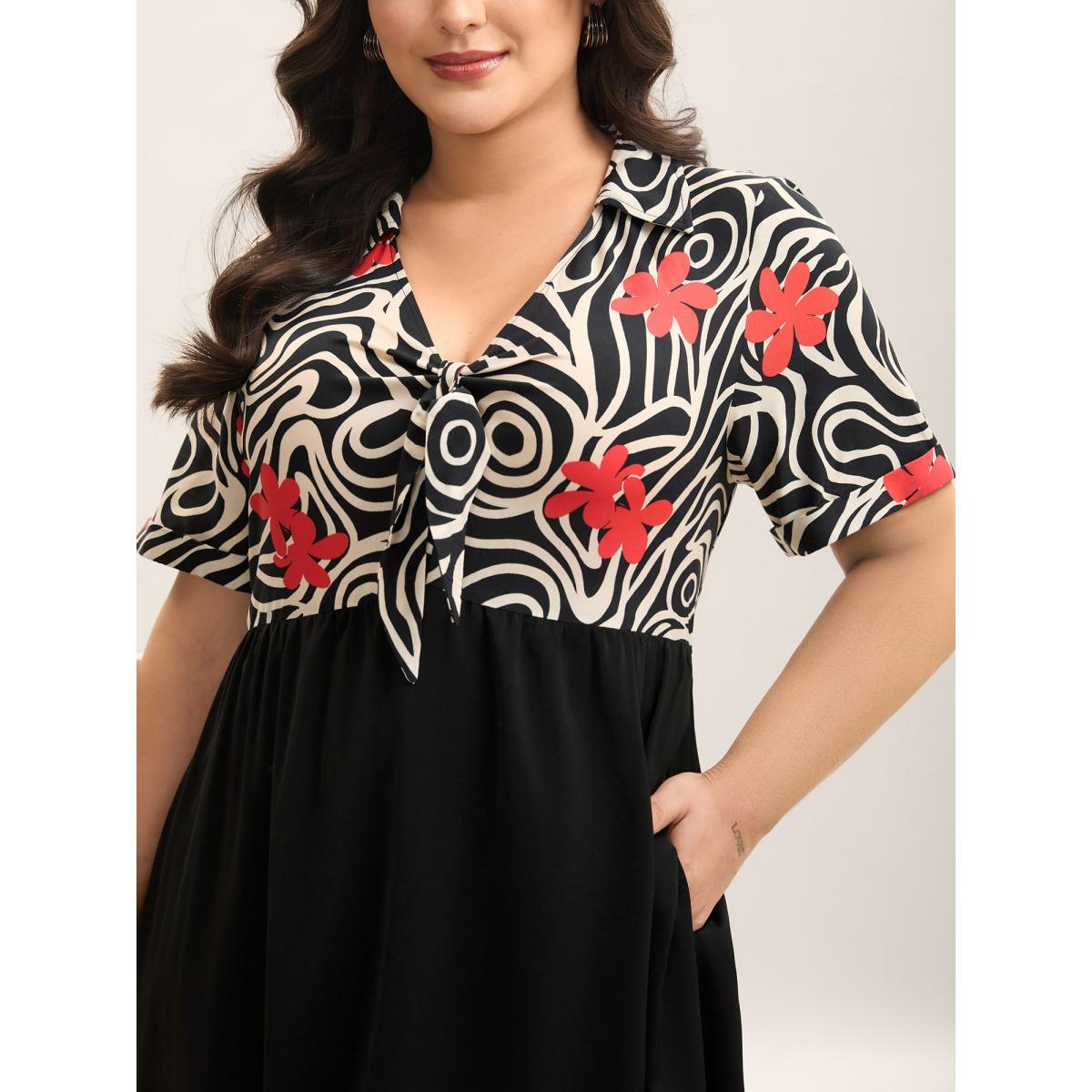 Plus Size Ribbon Collar Floral Print Contrast Midi Dress Black Women V-neck Short sleeve Curvy BloomChic 14-16/1X Product Image