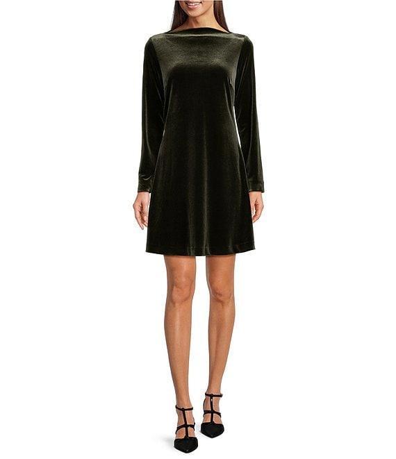Alex Marie Ilana Stretch Velvet High Boat Neck Long Sleeve A-Line Mini Dress Product Image