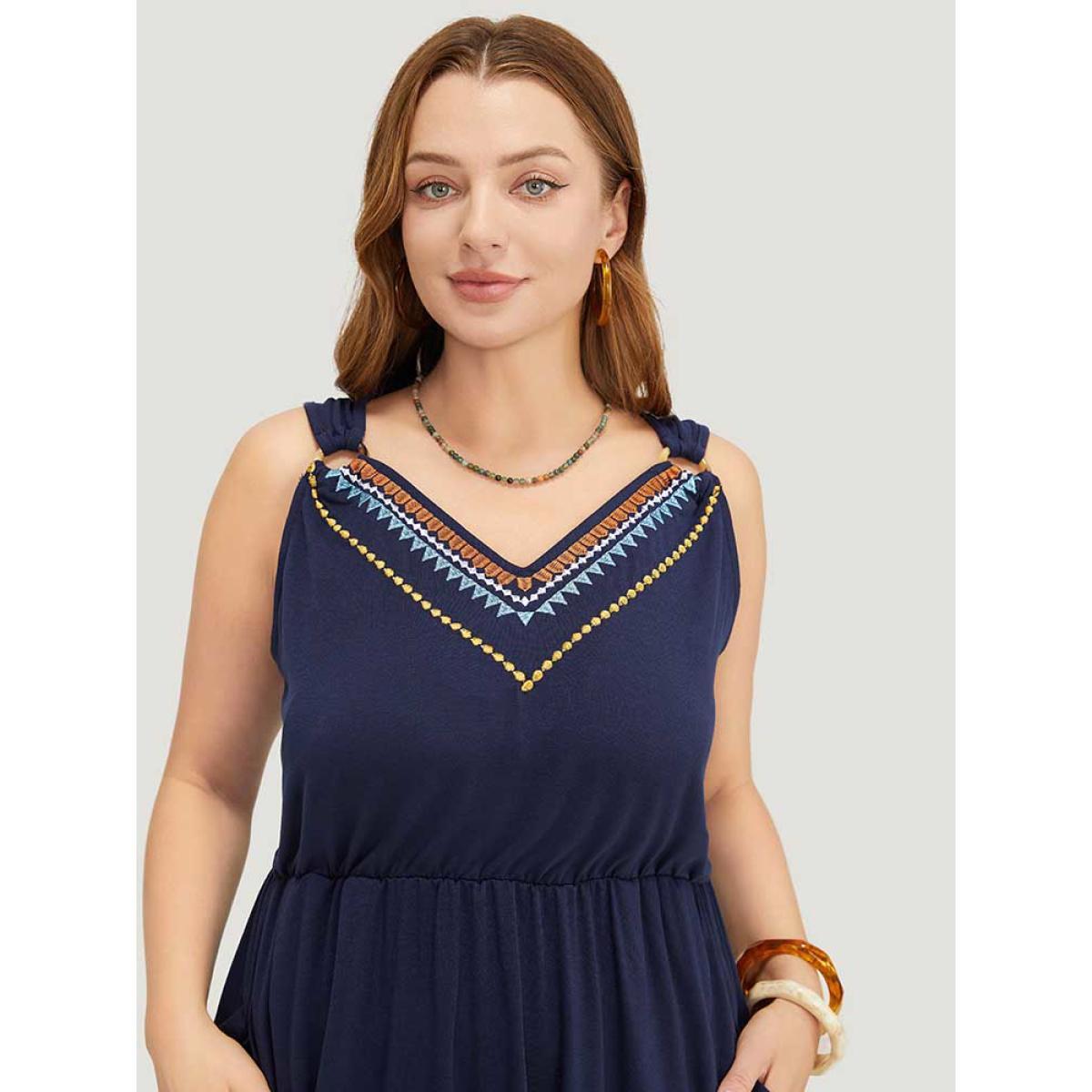 Plus Size Geometric Embroidered Buckle Detail Pocket Ruffle Hem Cami Dress Indigo Women Vacation Embroidered V-neck Sleeveless Curvy Midi Dress BloomChic 10/M Product Image