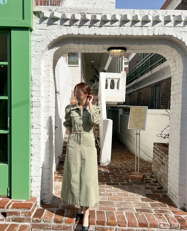 Long-Sleeve Collared Plain Midi A-Line Dress Product Image