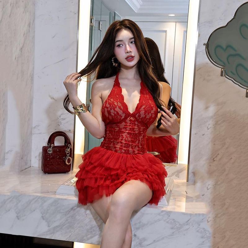 Sleeveless V-Neck Plain Lace Slim-Fit Layered Mini Dress Product Image