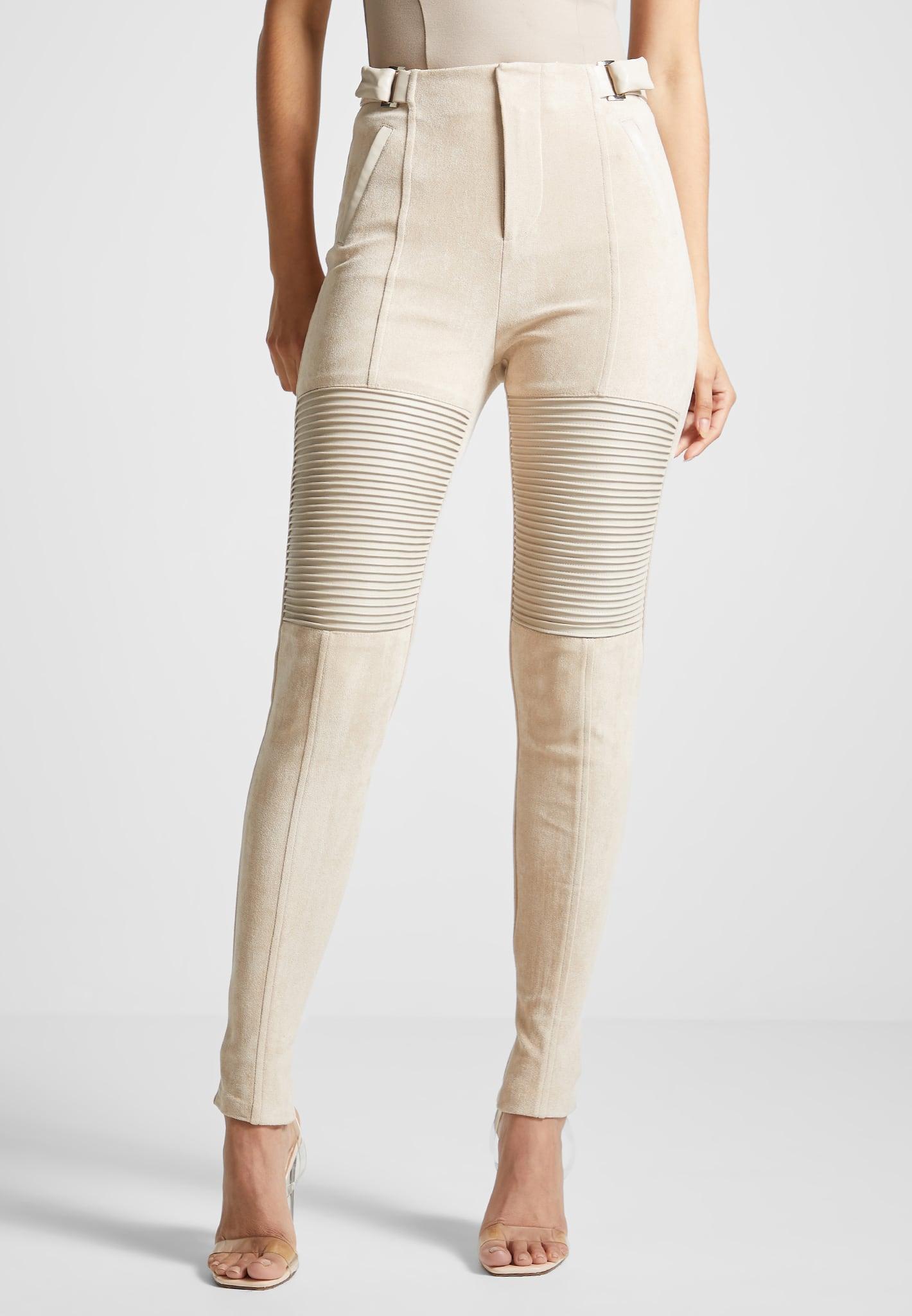 Leather and Suede Ribbed Leggings - Beige Female Product Image