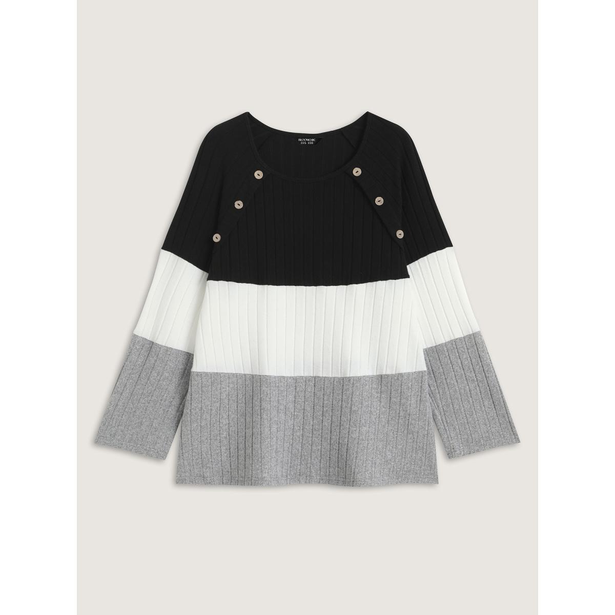 Plus Size Monochrome Stripes Shoulder Button T-Shirt Black Women Texture Round Neck Everyday-Casual T-shirts BloomChic 22-24/3X Product Image