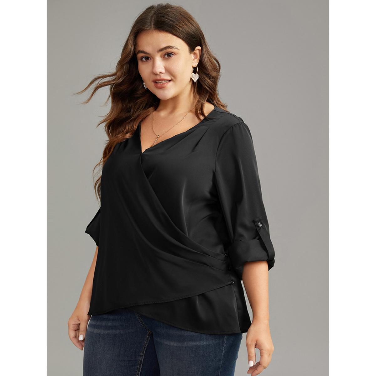 Plus Size Black Plain Tab Sleeve Wrap Pleated Blouse Women Work From Home Long Sleeve V-neck Work Blouses BloomChic 10/M Product Image