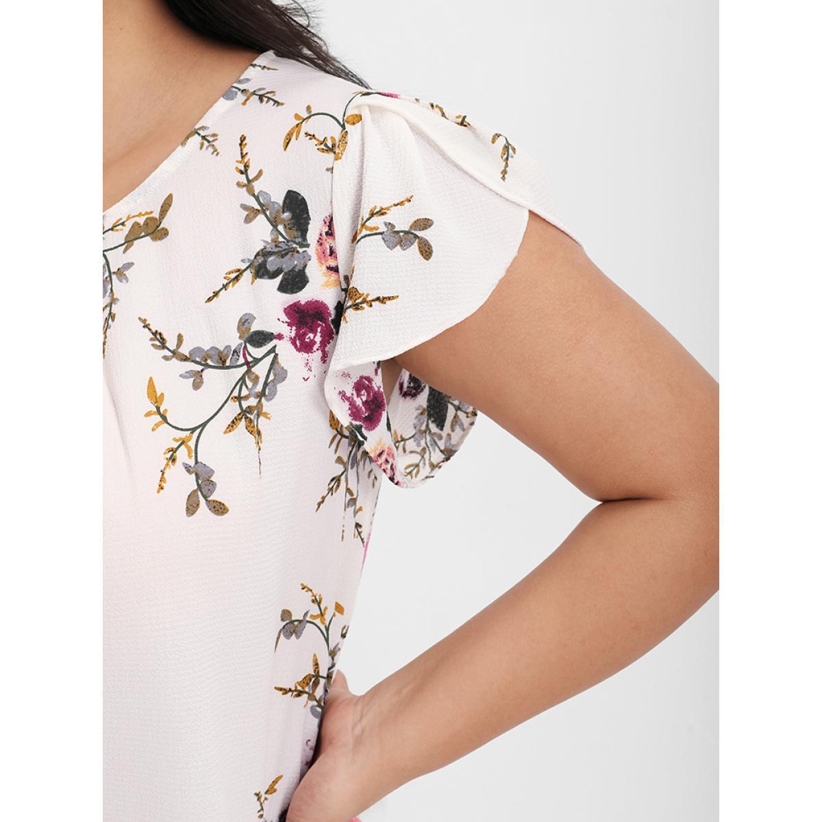 Plus Size White Floral Split Ruffled Button Round Neck Blouse Women Elegant Short sleeve Round Neck Dailywear Blouses BloomChic 20/2X Product Image