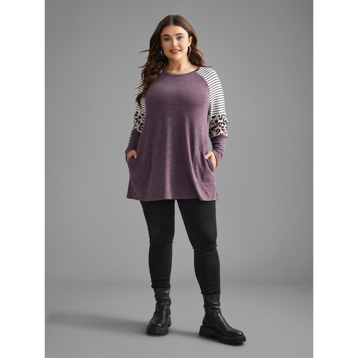Plus Size Striped Patchwork Leopard Pocket T-shirt Eggplant Women Casual Contrast Round Neck Loose Everyday T-shirts BloomChic 30/6X Product Image