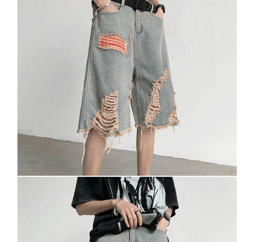 High Waist Distressed Denim Shorts Product Image