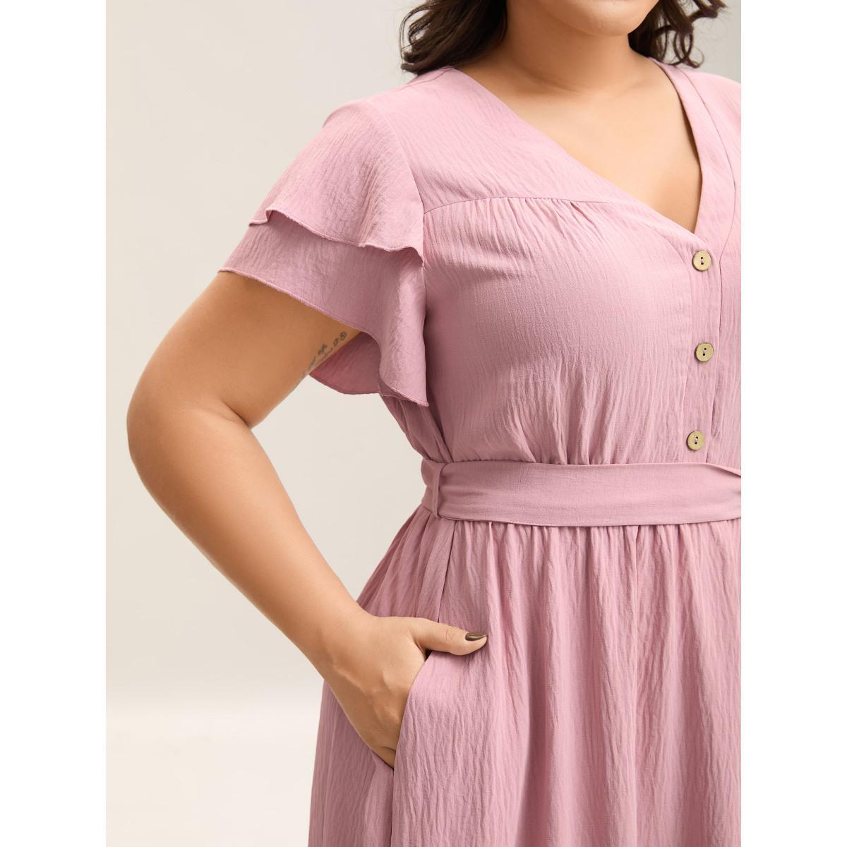 Plus Size Layered Ruffled Sleeve Fake Placket Midi Dress Blush Women V-neck Cap Sleeve Curvy BloomChic 30/6X Product Image