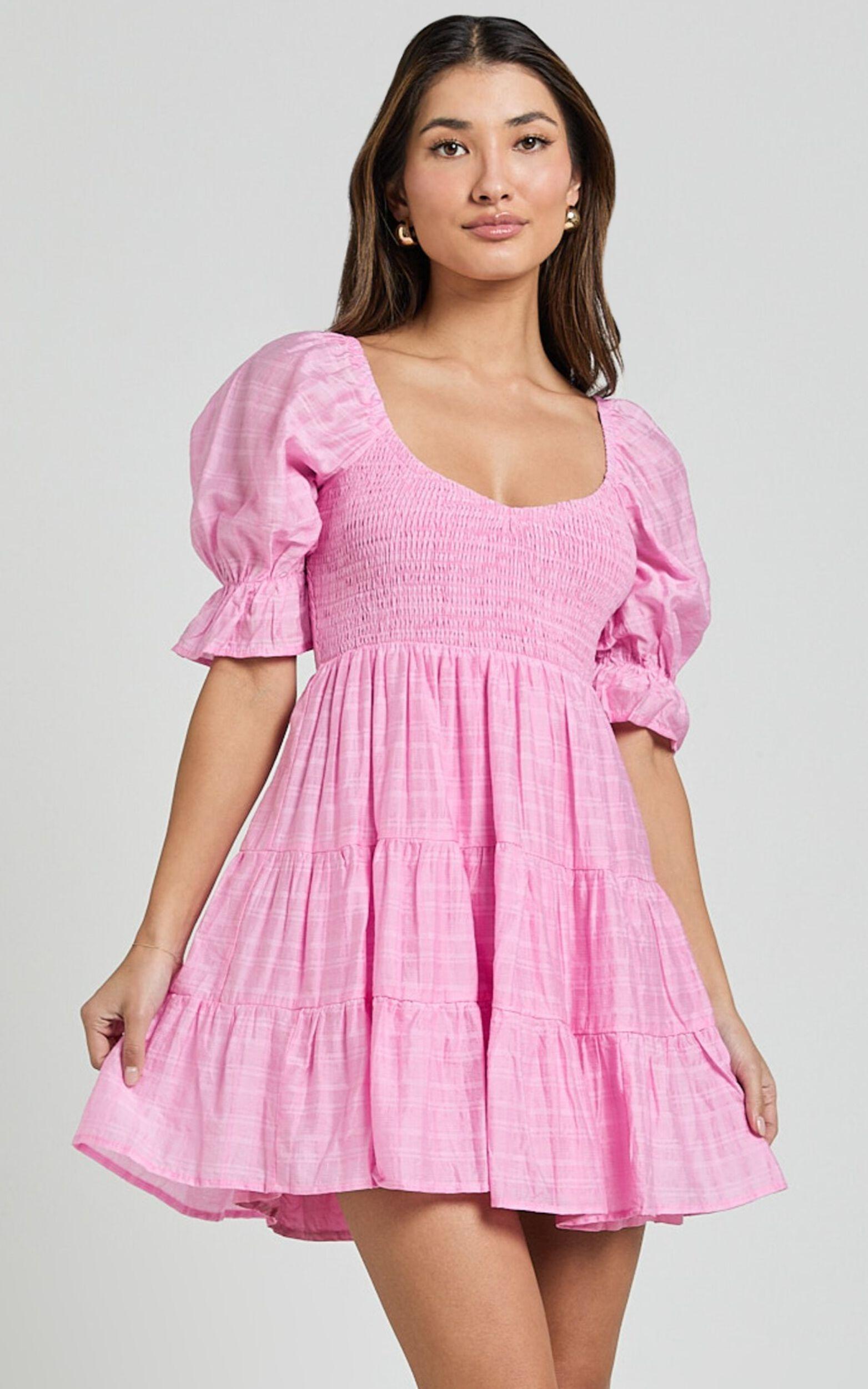 Britany Mini Dress - Shirred Puff Sleeve Tiered Dress in Pink Product Image