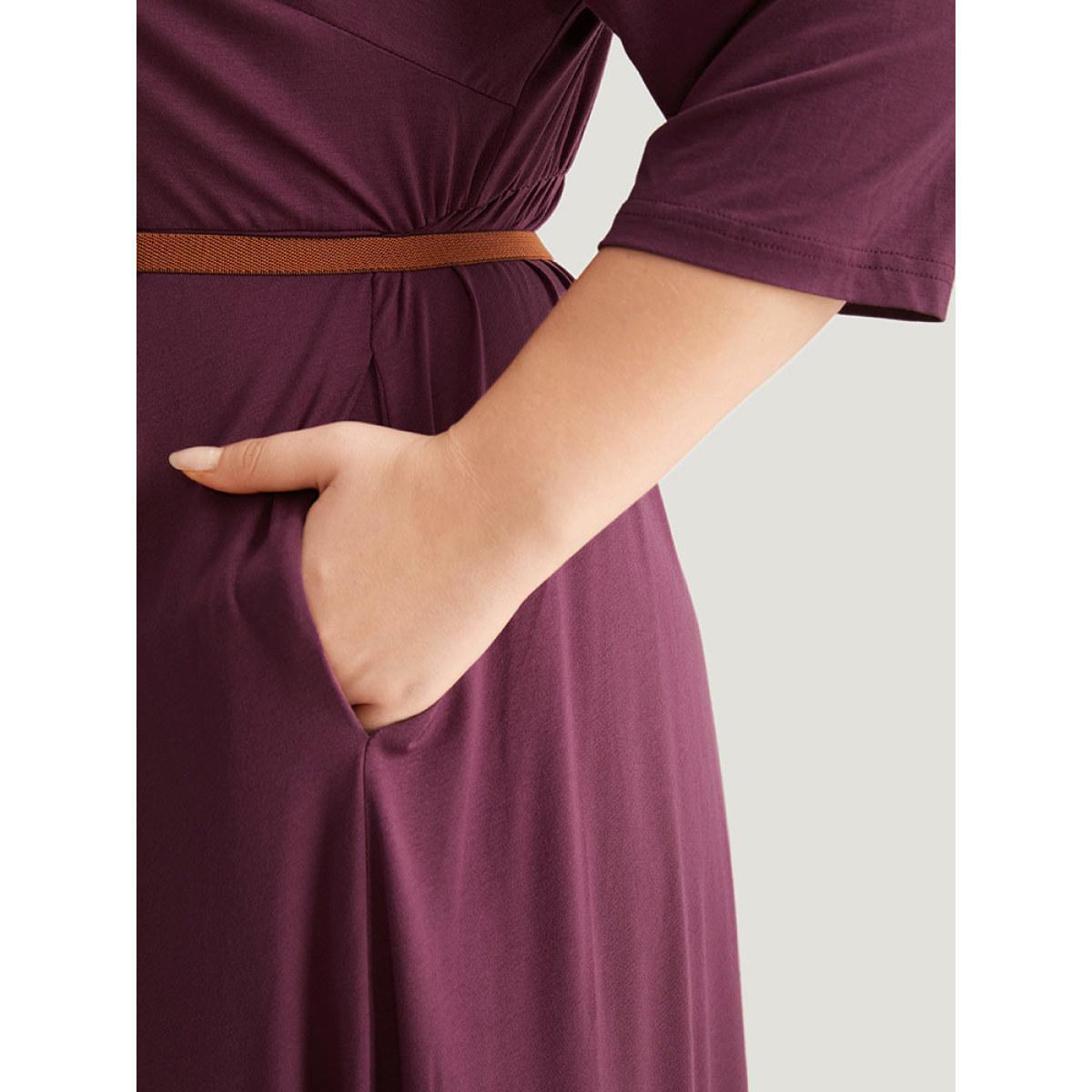 Plus Size Asymmetrical Button Detail Ruffle Hem Dress Purple Women Office Plain V-neck Elbow-length sleeve Curvy Midi Dress BloomChic 12/L Product Image