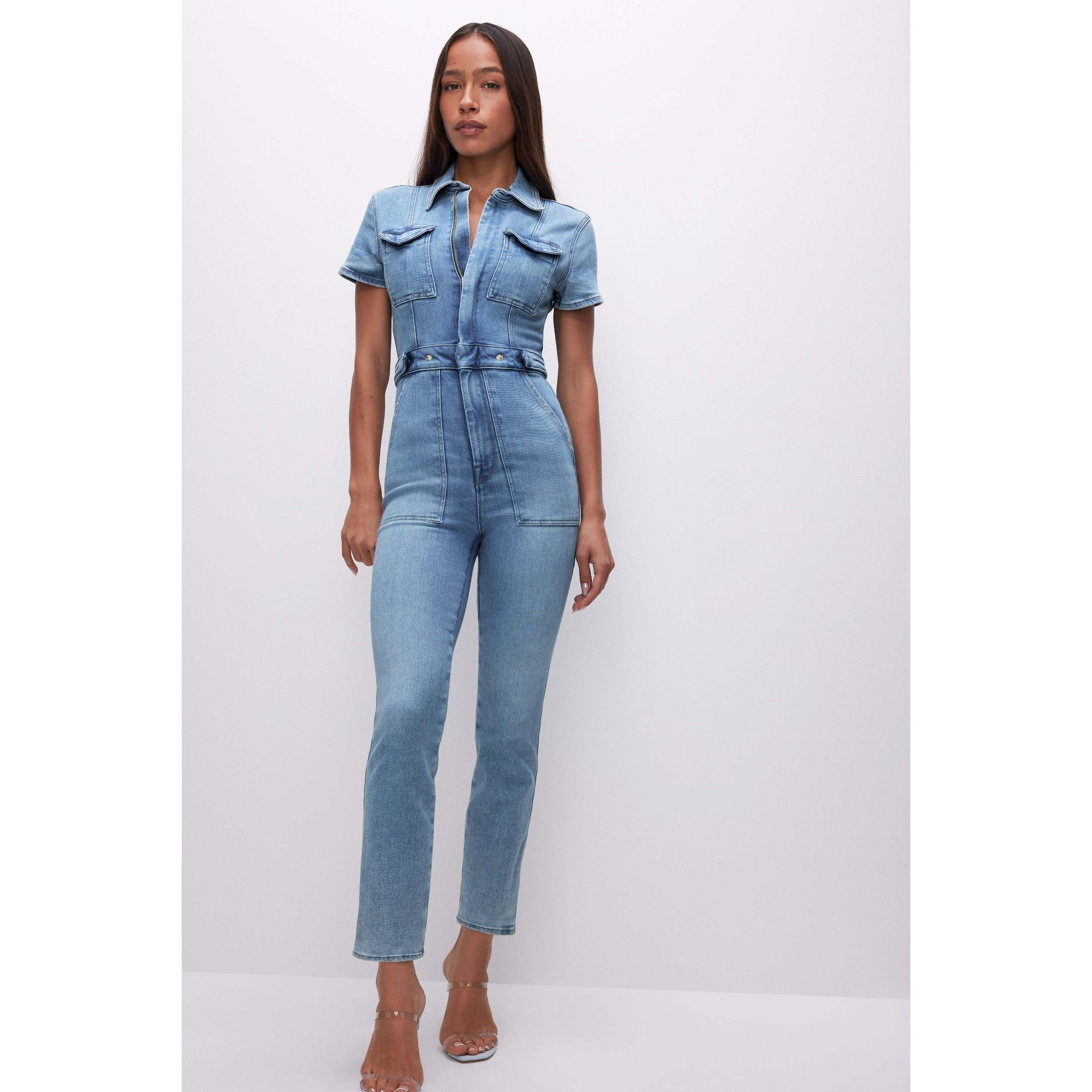 Womens Fit For Success Denim Jumpsuit | , | Hidden Front Zipper Closure, Breast Pockets | Good American by Khlo Product Image