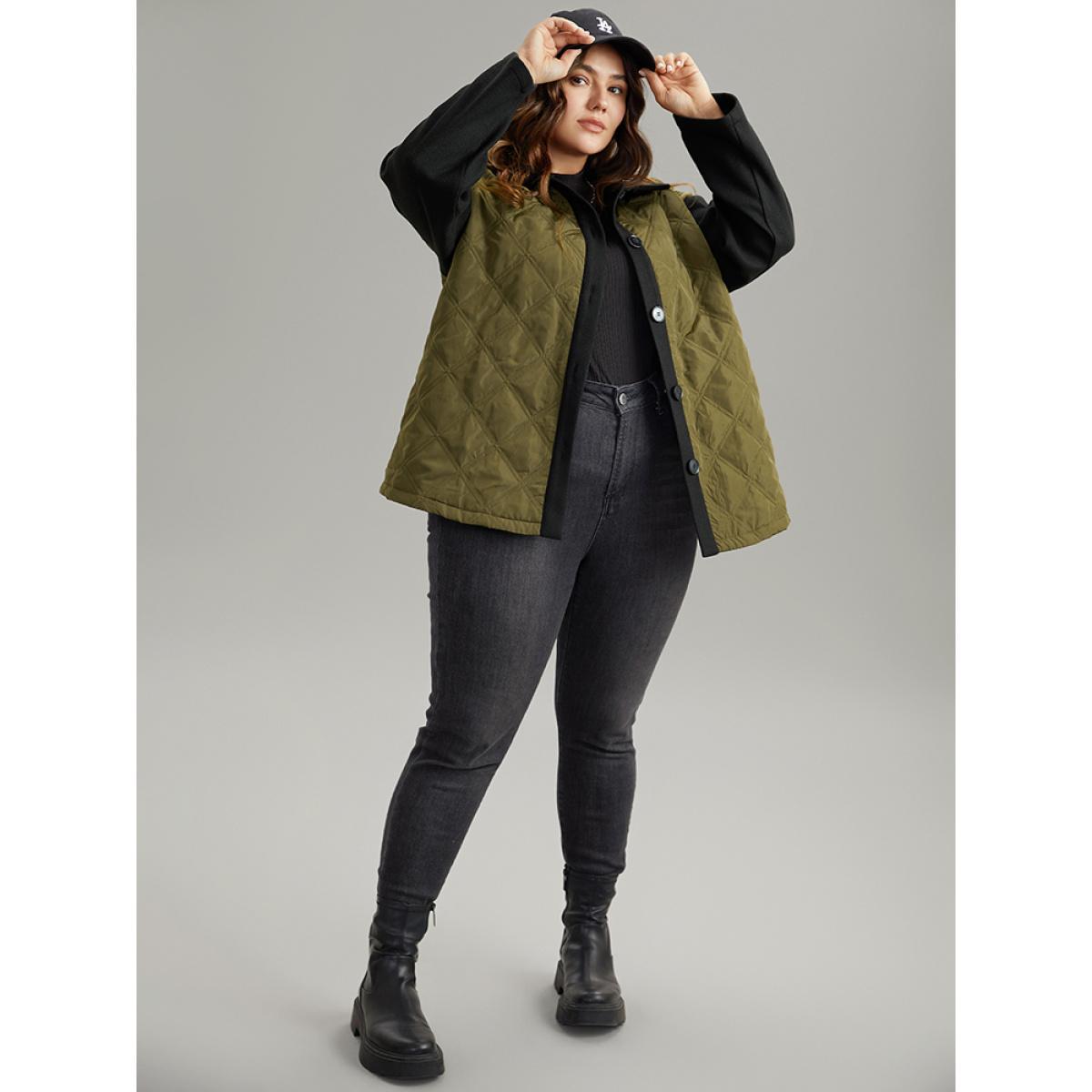 Plus Size Contrast Patchwork Quilted Button Up Jacket Women ArmyGreen Casual Texture Ladies Dailywear Winter Coats BloomChic 30/6X Product Image