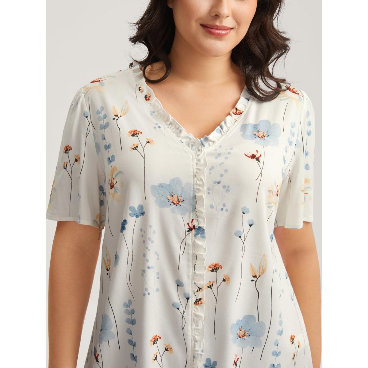 Plus Size Originalwhite Floral Print Ruffled Placket Blouse Women Short sleeve Non Everyday-Casual Blouses BloomChic 30/6X Product Image
