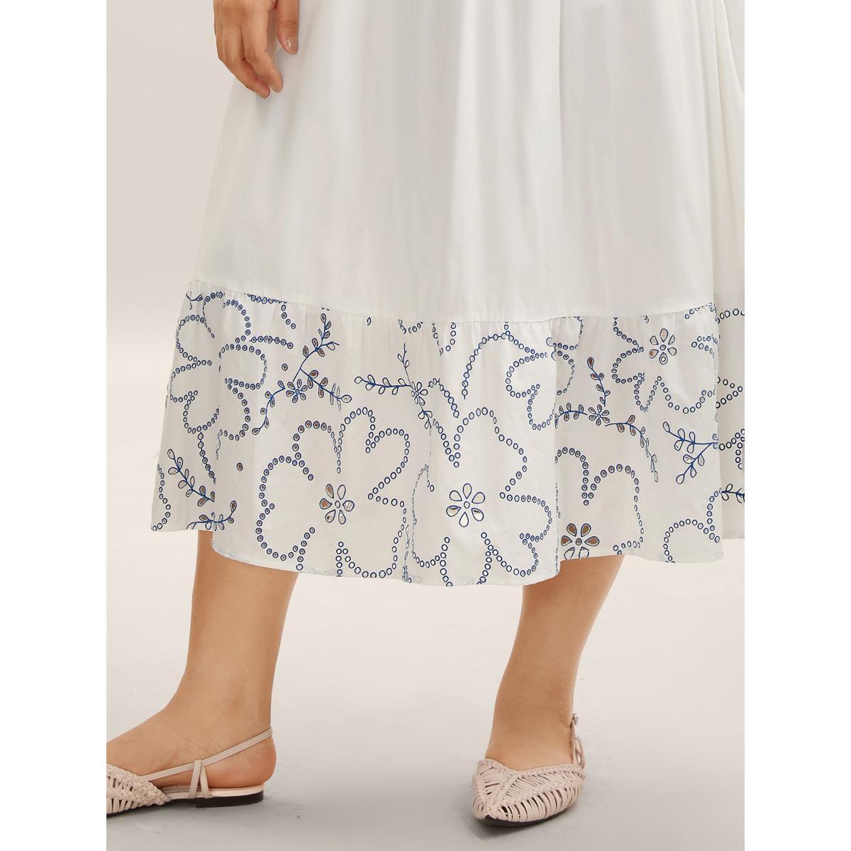 Plus Size Rayon Shirred Color Contrast Floral Midi Dress WhiteSmoke Women V-neck Cap Sleeve Curvy BloomChic 28/5X Product Image