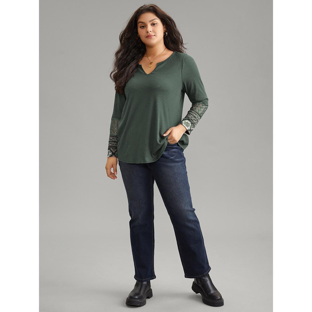 Plus Size Boho Print Texture Notched Patchwork Lace T-shirt ArmyGreen Women Casual Texture Bohemian Print Notched collar Dailywear T-shirts BloomChic 28/5X Product Image