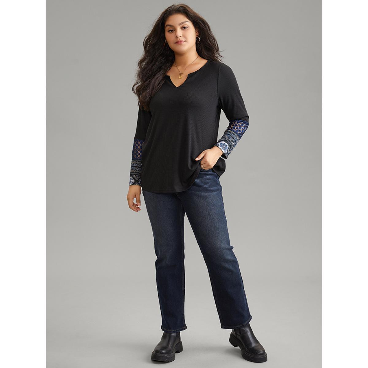 Plus Size Boho Print Texture Notched Patchwork Lace T-shirt Black Women Casual Texture Bohemian Print Notched collar Dailywear T-shirts BloomChic 28/5X Product Image