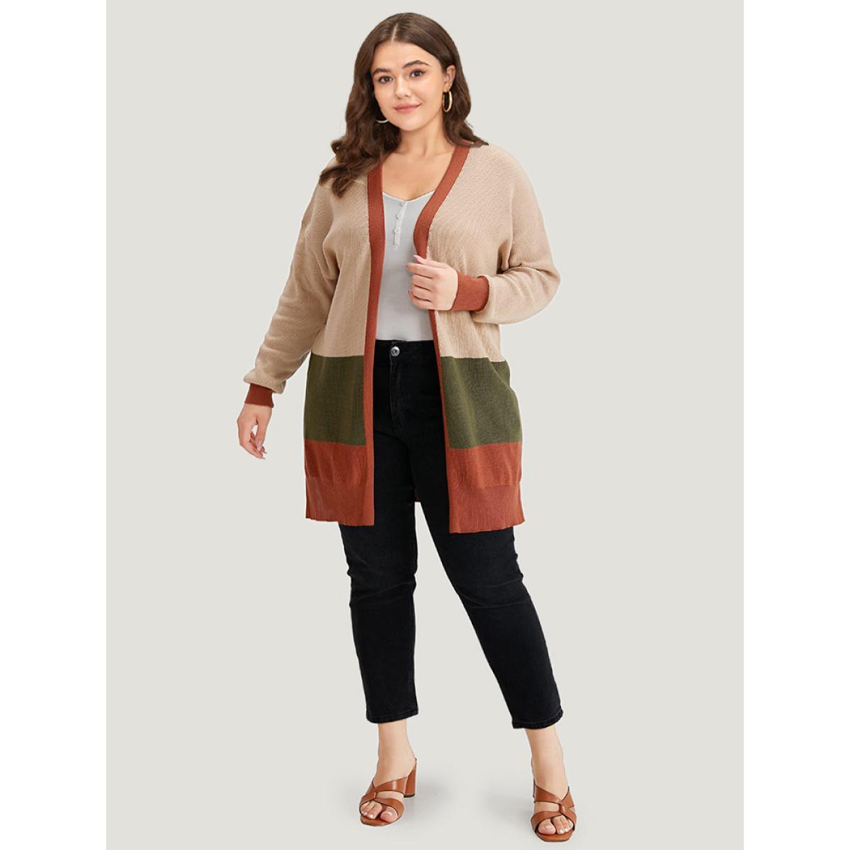 Plus Size Colorblock Contrast Split Side Cardigan Multicolor Women Casual Loose Long Sleeve Dailywear Cardigans BloomChic 14-16/1X Product Image