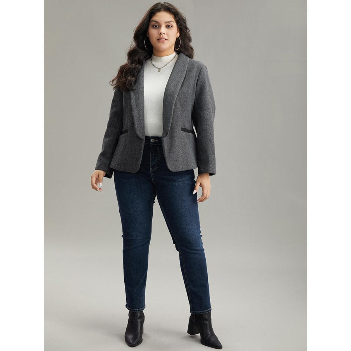 Plus Size Lapel Collar Texture Pocket Contrast Trim Blazer Gray Women Work Plain Texture Sleeve Long Sleeve Lapel Collar 22-24/3X Pocket At the Office Blazers BloomChic Product Image