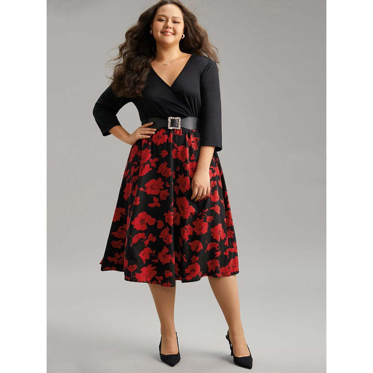 Plus Size Silhouette Floral Print Patchwork Surplice Neck Dress Black Women Elegant Wrap Overlap Collar Elbow-length sleeve Curvy Midi Dress BloomChic 26/4X Product Image