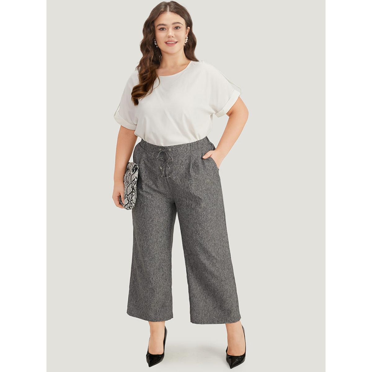 Plus Size Plain Lace Up Pleated Straight Leg Pants Women Gray Office Straight Leg High Rise Work Pants BloomChic 18-20/2X Product Image