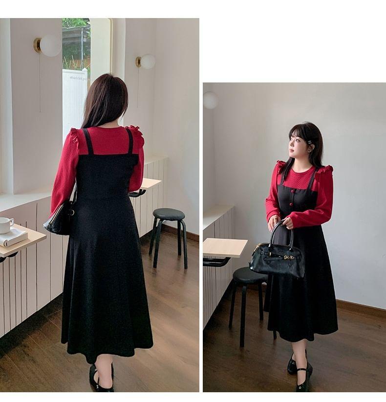Plus Size Mock Two-Piece Long-Sleeve Round Neck Ruffle Trim Midi A-Line Dress Product Image