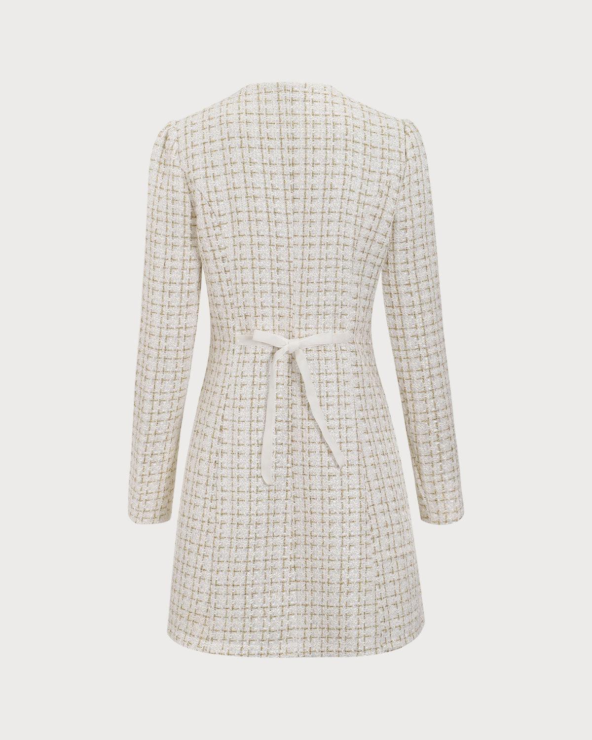 White Square Neck Tweed Mini Dress Product Image