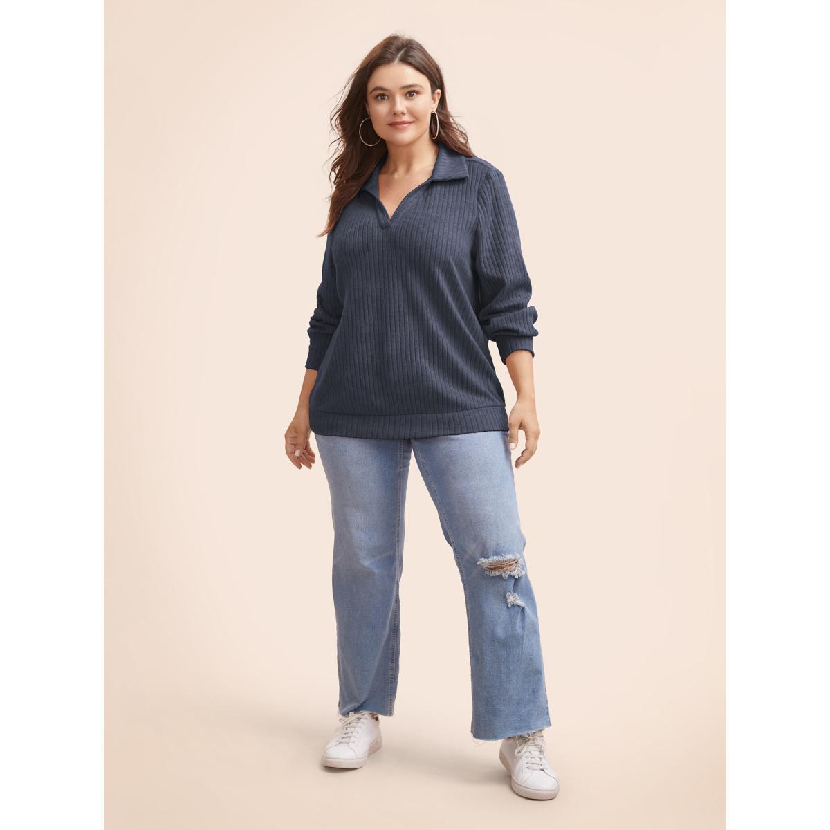 Plus Size Solid Pit Strip Stretch Sweatshirt Women Indigo Casual Texture V-neck Everyday Sweatshirts BloomChic 12/L Product Image