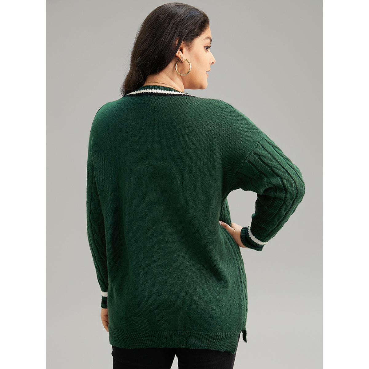 Plus Size Cable Knit Contrast Trim Drop Shoulder Pullover DarkGreen Women Casual Loose Long Sleeve V-neck Dailywear Pullovers BloomChic 18-20/2X Product Image