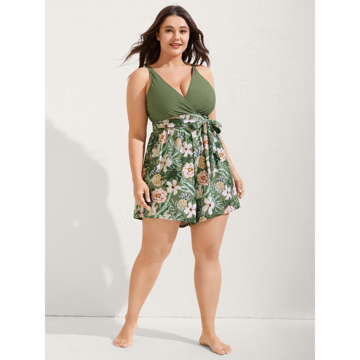 Plus Size Tropical Floral Pockets One-Piece Swimsuit Women's Swimwear ArmyGreen Beach Tie knot Curve Bathing Suits High stretch One Pieces BloomChic 18-20/2X Product Image