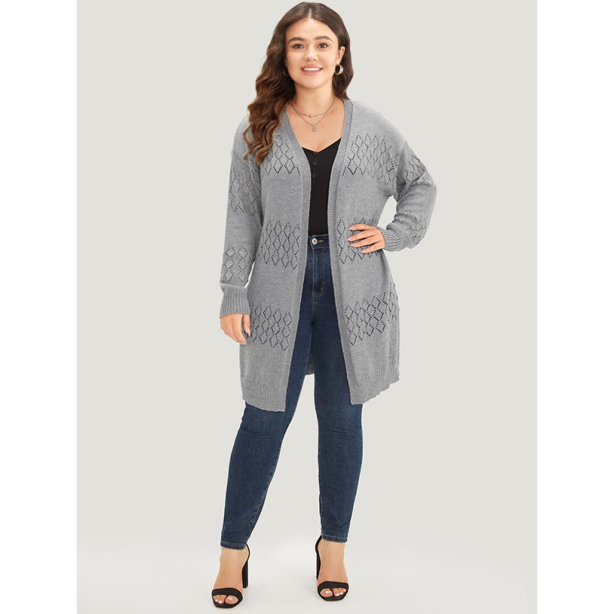 Plus Size Geometric Eyelet Elastic Cuffs Tunic Cardigan DarkGray Women Casual Loose Long Sleeve Dailywear Cardigans BloomChic 30/6X Product Image