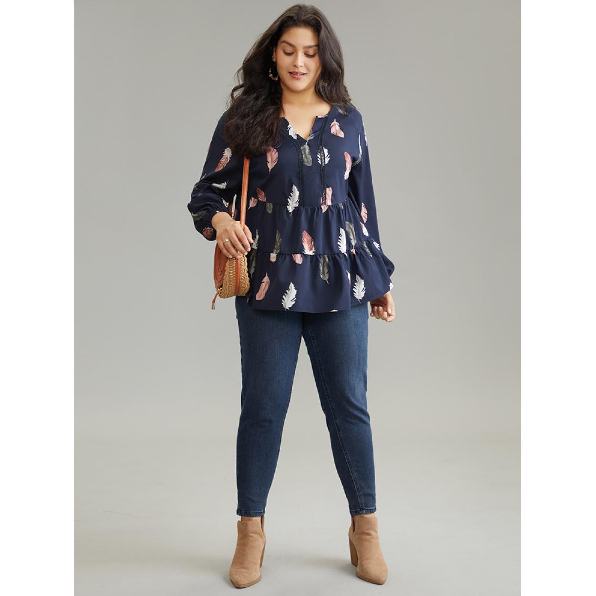 Plus Size Indigo Feather Print Notched Tiered Ruffle Hem Blouse Women Vacation Long Sleeve Notched collar Vacation Blouses BloomChic 18-20/2X Product Image