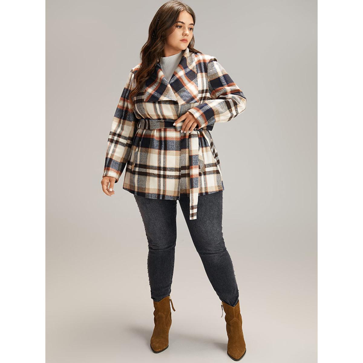 Plus Size Plaid Belted Lapel Collar Pocket Coat Women Tan Casual Belted Ladies Dailywear Winter Coats BloomChic 10/M Product Image