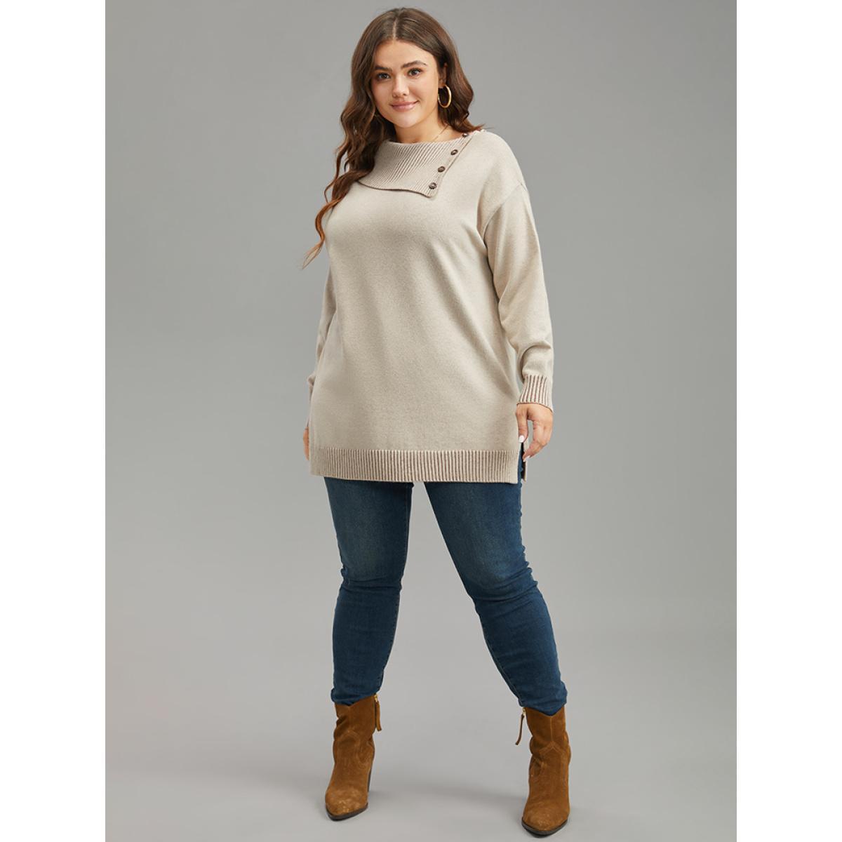 Plus Size Supersoft Essentials Asymmetrical Neck Button Detail Pullover LightBrown Women Casual Loose Long Sleeve Asymmetrical Neck Dailywear Pullovers BloomChic 22-24/3X Product Image