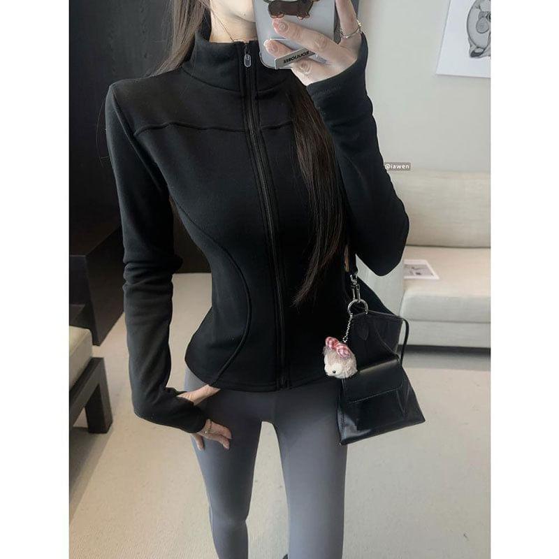 Stand Collar Plain Hooded Zip Jacket Product Image