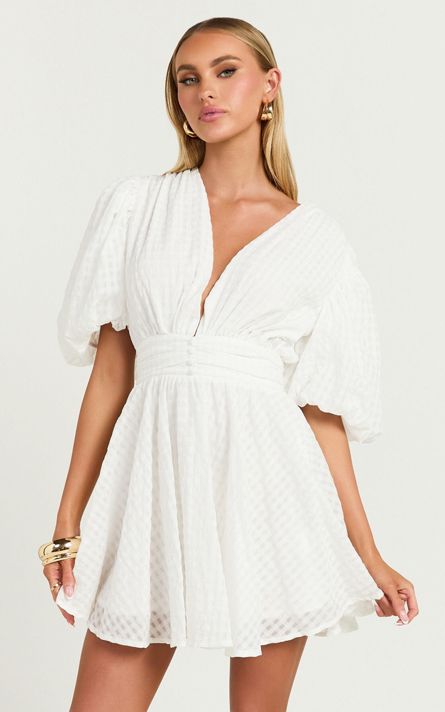 Xandy Mini Dress - Textured Puff Sleeve Plunge Dress in White Product Image
