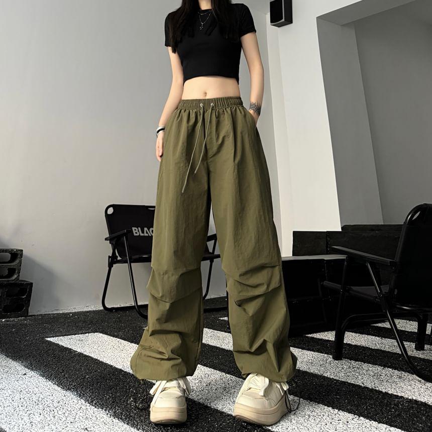 Mid Rise Plain Drawstring Shirred Wide Leg Pants Product Image