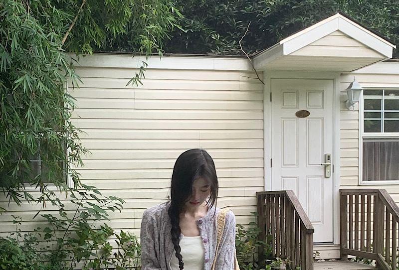 Plain Cable-Knit Cardigan / High Waist Maxi H-Line Skirt Product Image