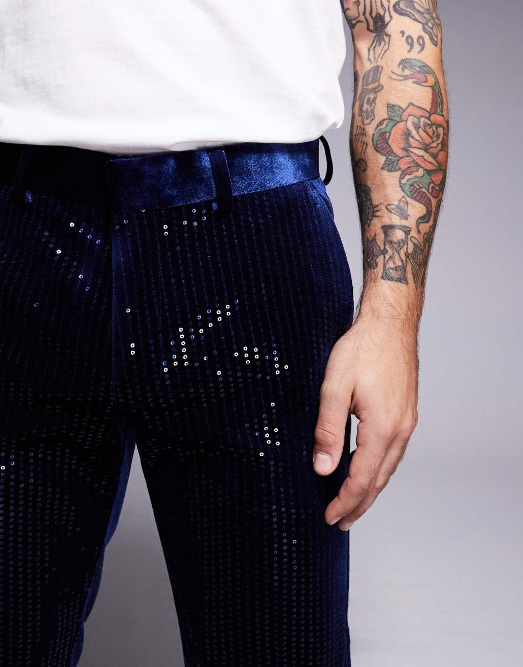  ASOS DESIGN skinny suit pants in velvet sequin in navy Product Image