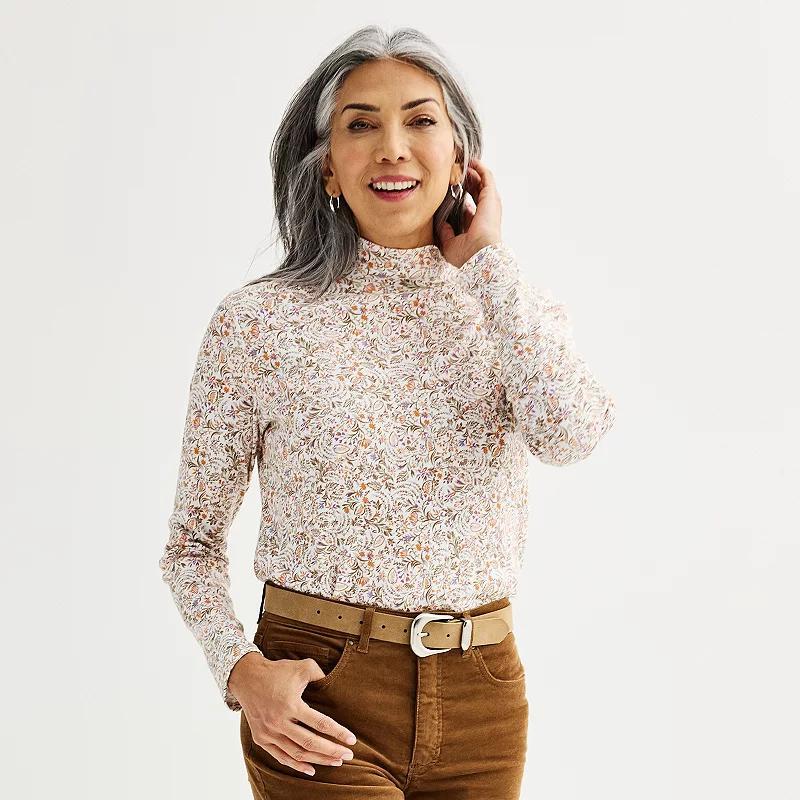 Women's Croft & Barrow® Essential Long-Sleeve Mockneck Top, Size: XXL, Ivory Nest Cardinals Product Image