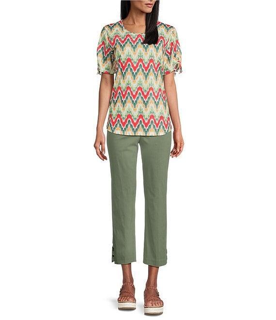 Allison Daley Petite Size Serrated Ikat Print Short Ruched Tie Sleeve Crew Neck Slub Jersey Knit Top Product Image