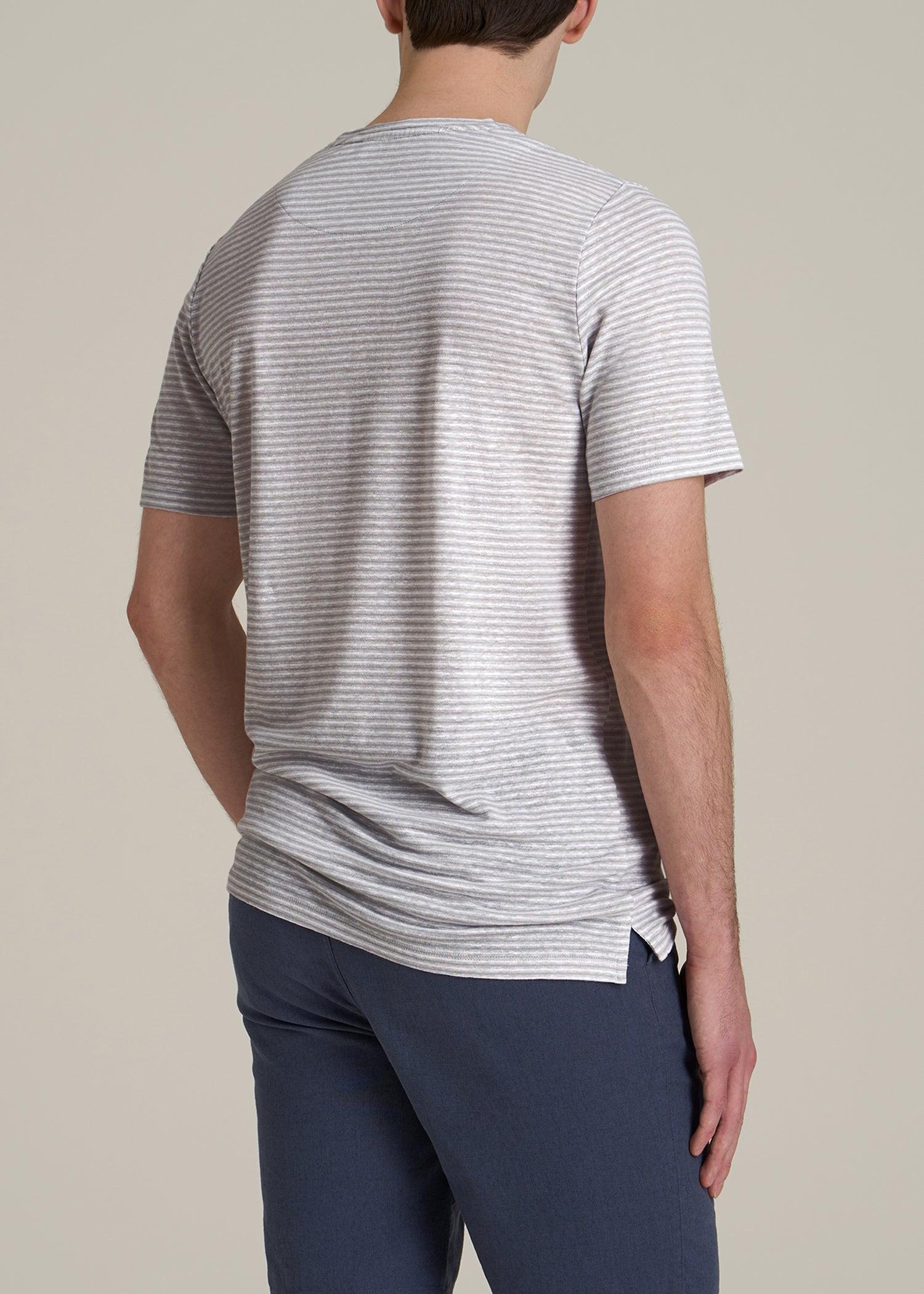 Linen Crewneck T-Shirt for Tall Men in Grey and White Mini Stripe Product Image