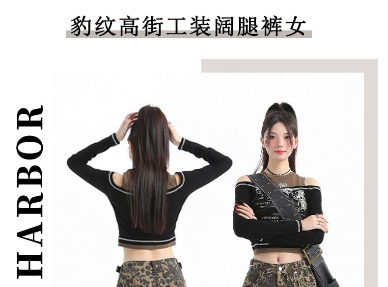Mid Waist Leopard Print Wide Leg Cargo Jeans Product Image