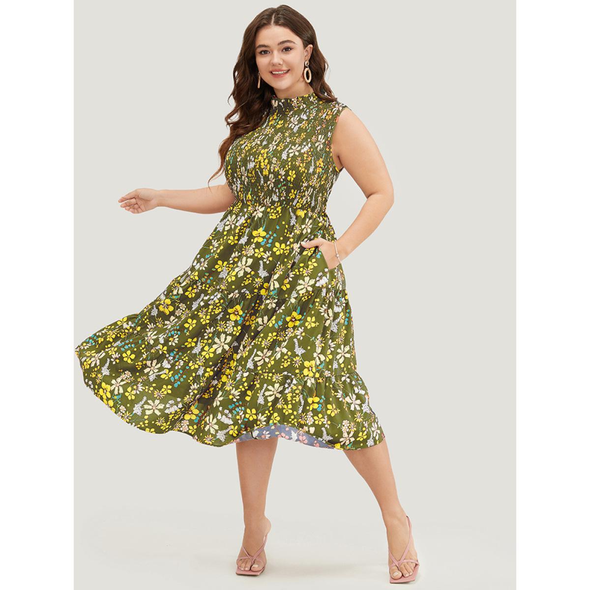 Plus Size Floral Shirred Mock Neck Cut Out Pocket Ruffle Hem Dress Olive Women Elegant Frill Trim Mock Neck Sleeveless Curvy Midi Dress BloomChic 12/L Product Image