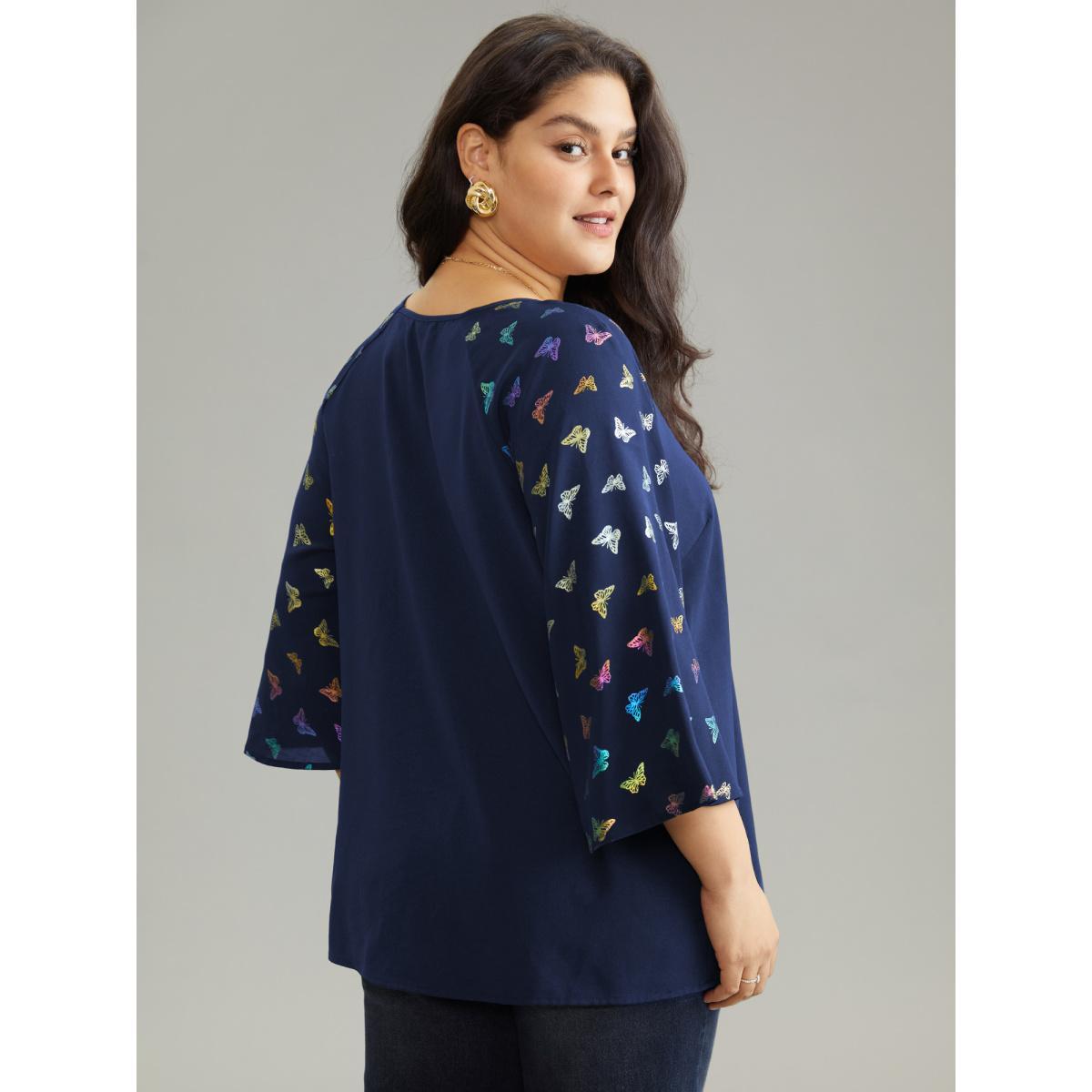 Plus Size Indigo Glitter Butterfly Flutter Raglan Sleeve Blouse Women Elegant Elbow-length sleeve V-neck Party Blouses BloomChic 26/4X Product Image