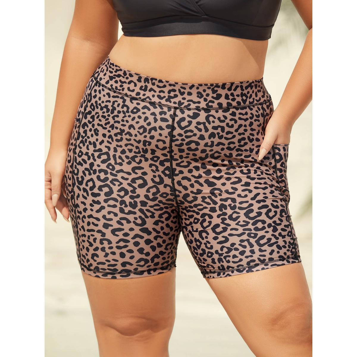 Plus Size Leopard Print Pockets Swim Bottoms Women's Swimwear Leopard Beach High stretch Skinny Mid Rise Patch pocket Curve Swim Bottoms BloomChic 22-24/3X Product Image
