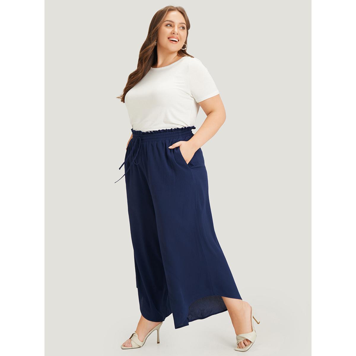 Plus Size Solid Paperbag Waist Asymmetrical Hem Wide Leg Pants Women Indigo Elegant High Rise Dailywear Pants BloomChic 10/M Product Image