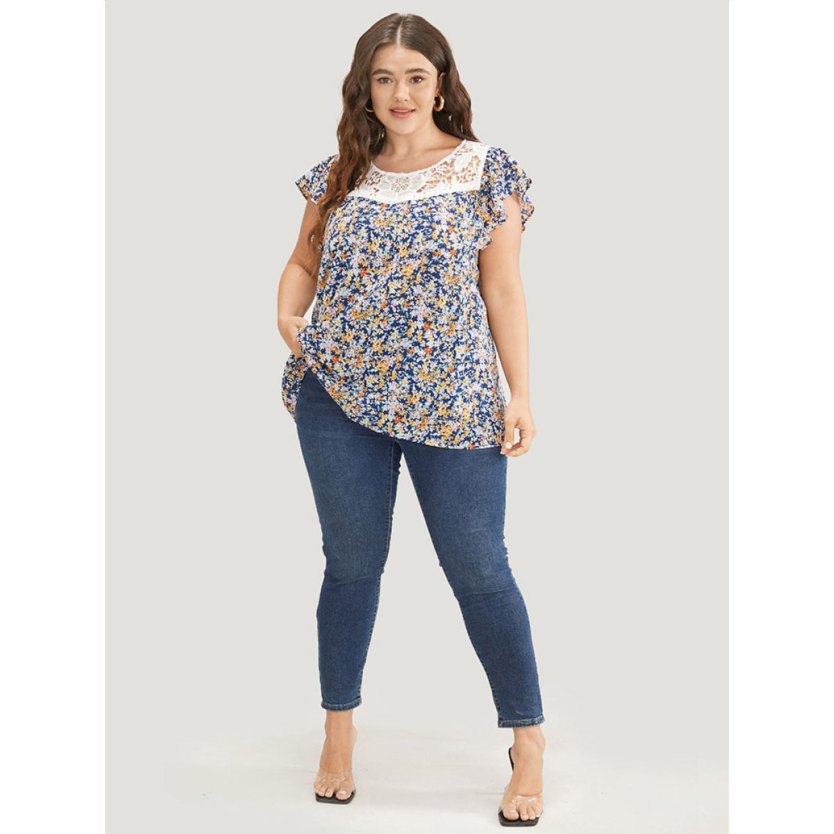 Plus Size Indigo Ditsy Floral Ruffle Sleeve Contrast Lace Blouse Women Elegant Short sleeve Round Neck Dailywear Blouses BloomChic 18-20/2X Product Image